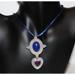 Vintage Sterling Silver Lapis & Heart Cabochon Pendant Necklace 30" Cord 26g